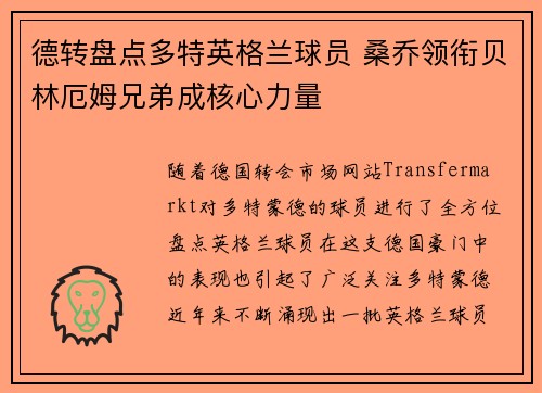 德转盘点多特英格兰球员 桑乔领衔贝林厄姆兄弟成核心力量