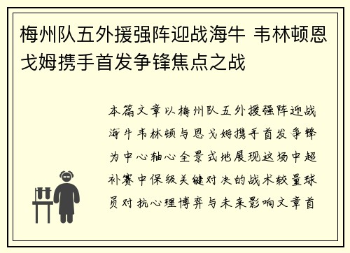 梅州队五外援强阵迎战海牛 韦林顿恩戈姆携手首发争锋焦点之战